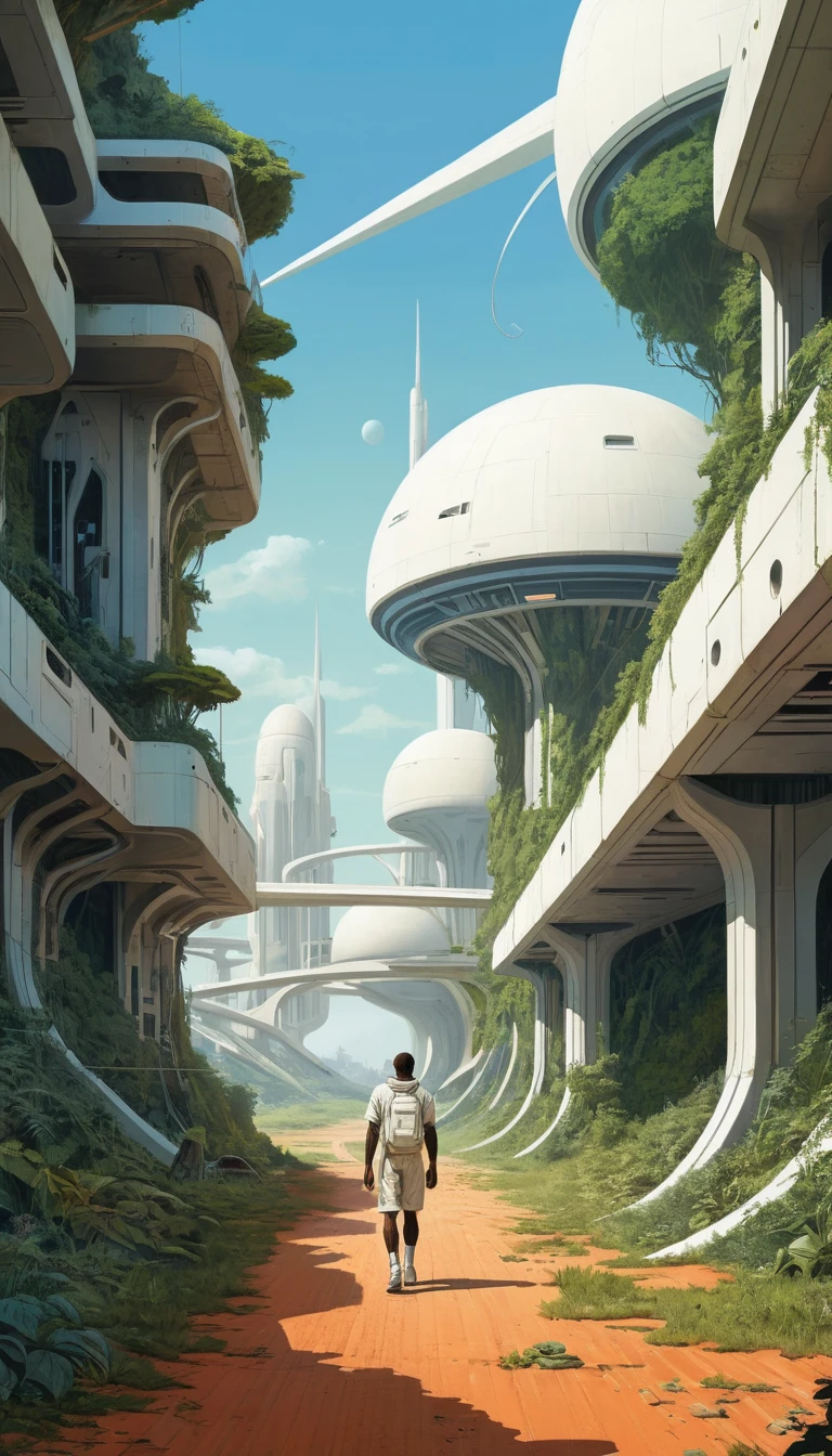 Junger Mann geht auf üppige futuristische Stadtstrukturen zu