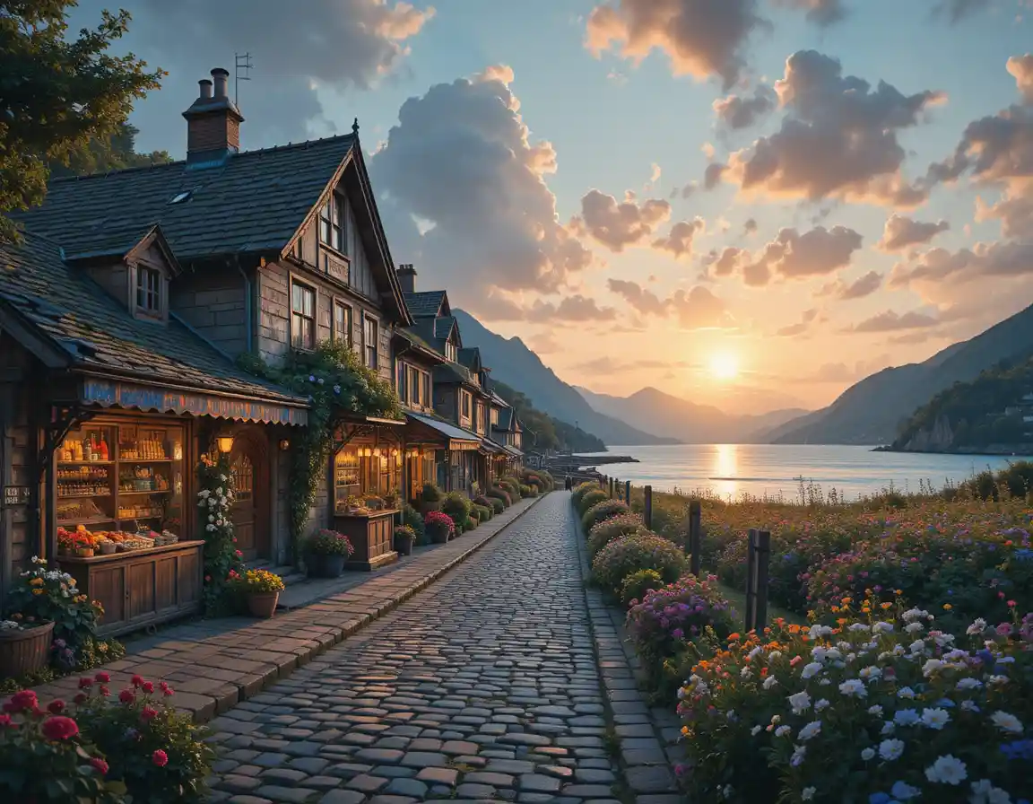 Paisible cottage en bord de mer le long d’une rue pavée au coucher du soleil