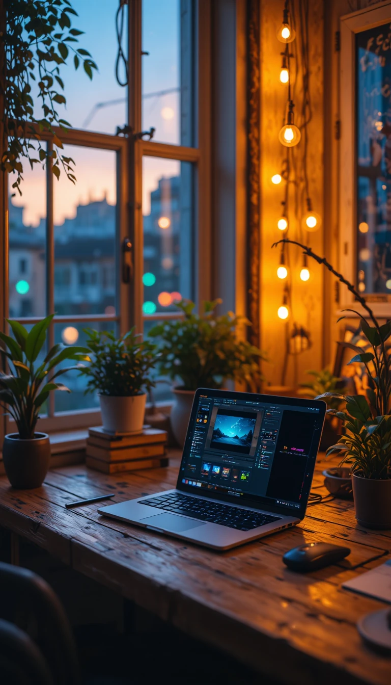 Cozy laptop editing desk by a twilight city window