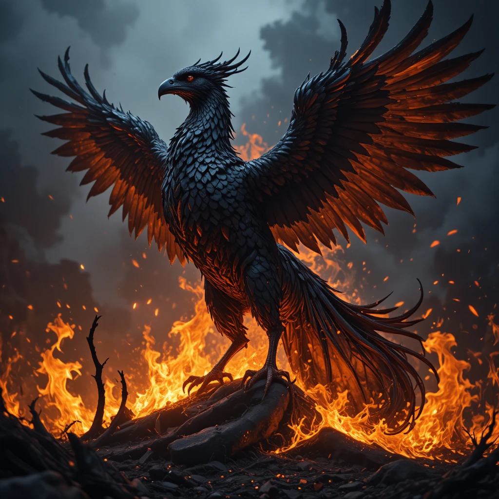 Majestic black phoenix rising from blazing forest flames