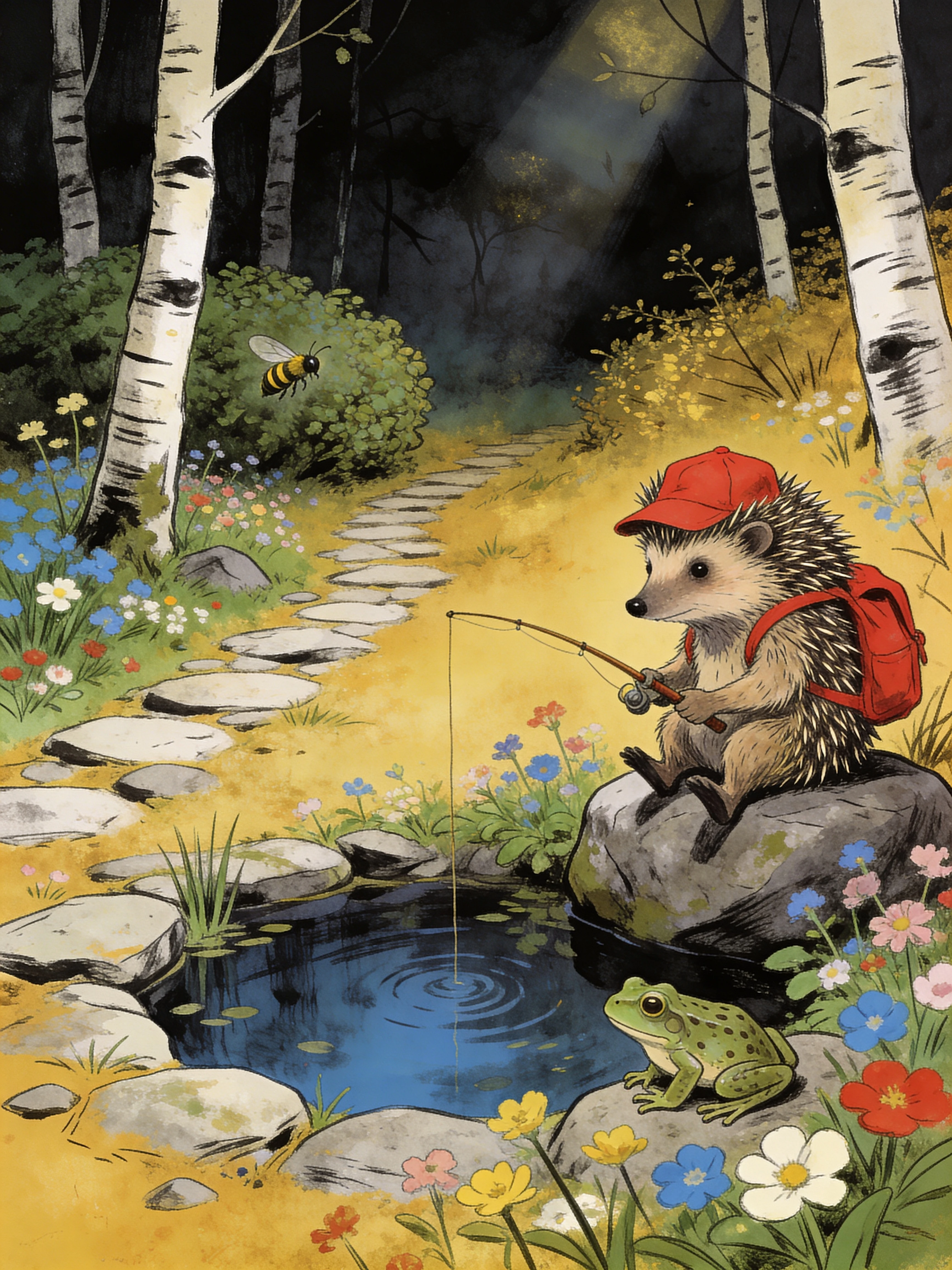 Lonely hedgehog fishing by a tiny forest lake