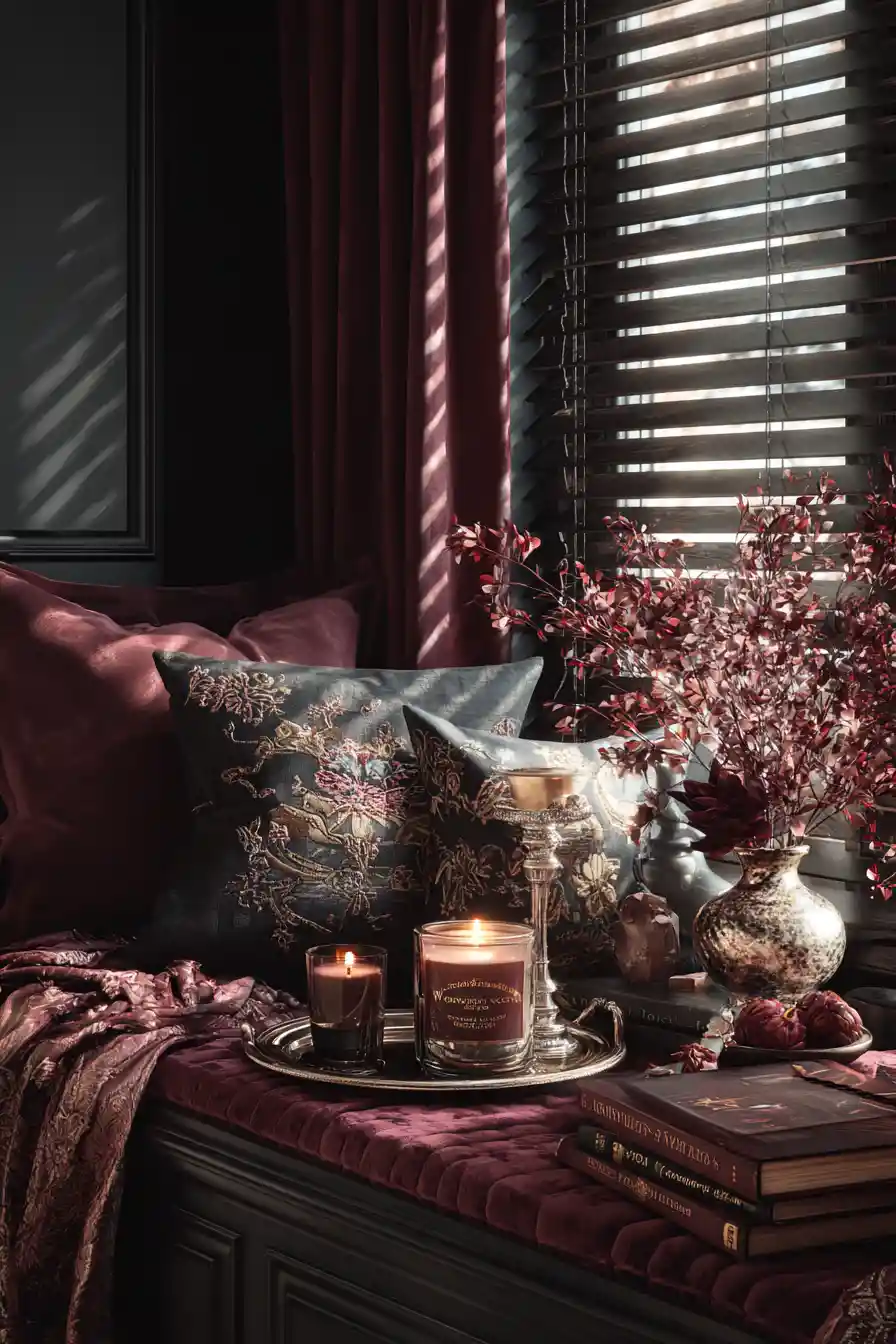 Moody still life on a dark garnet window seat