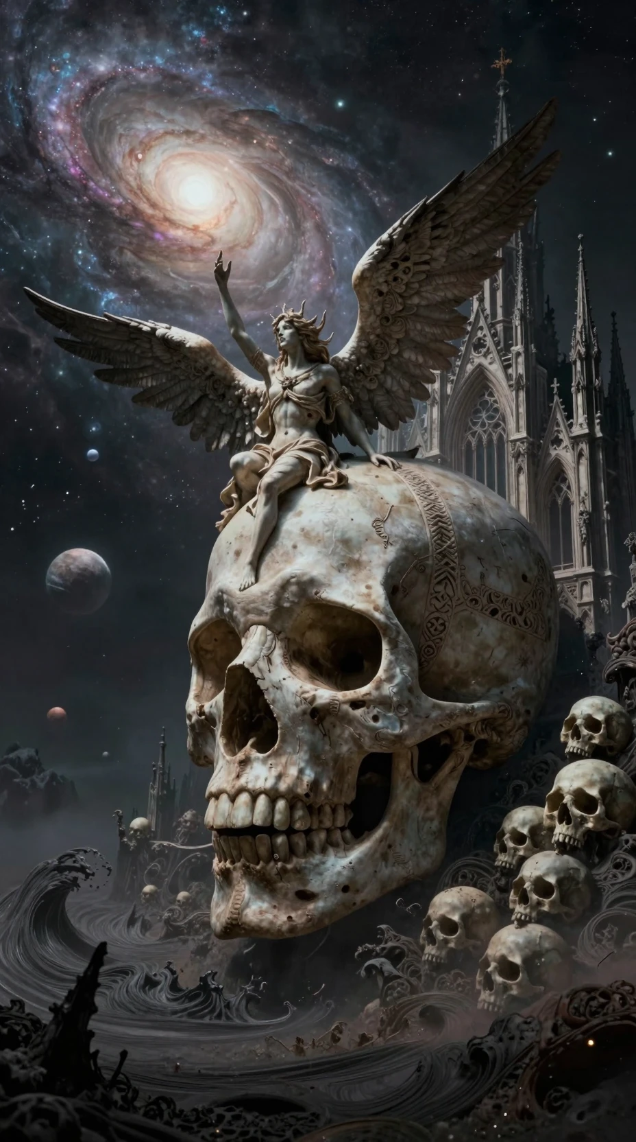 Winged figure rising from a colossal gothic skull