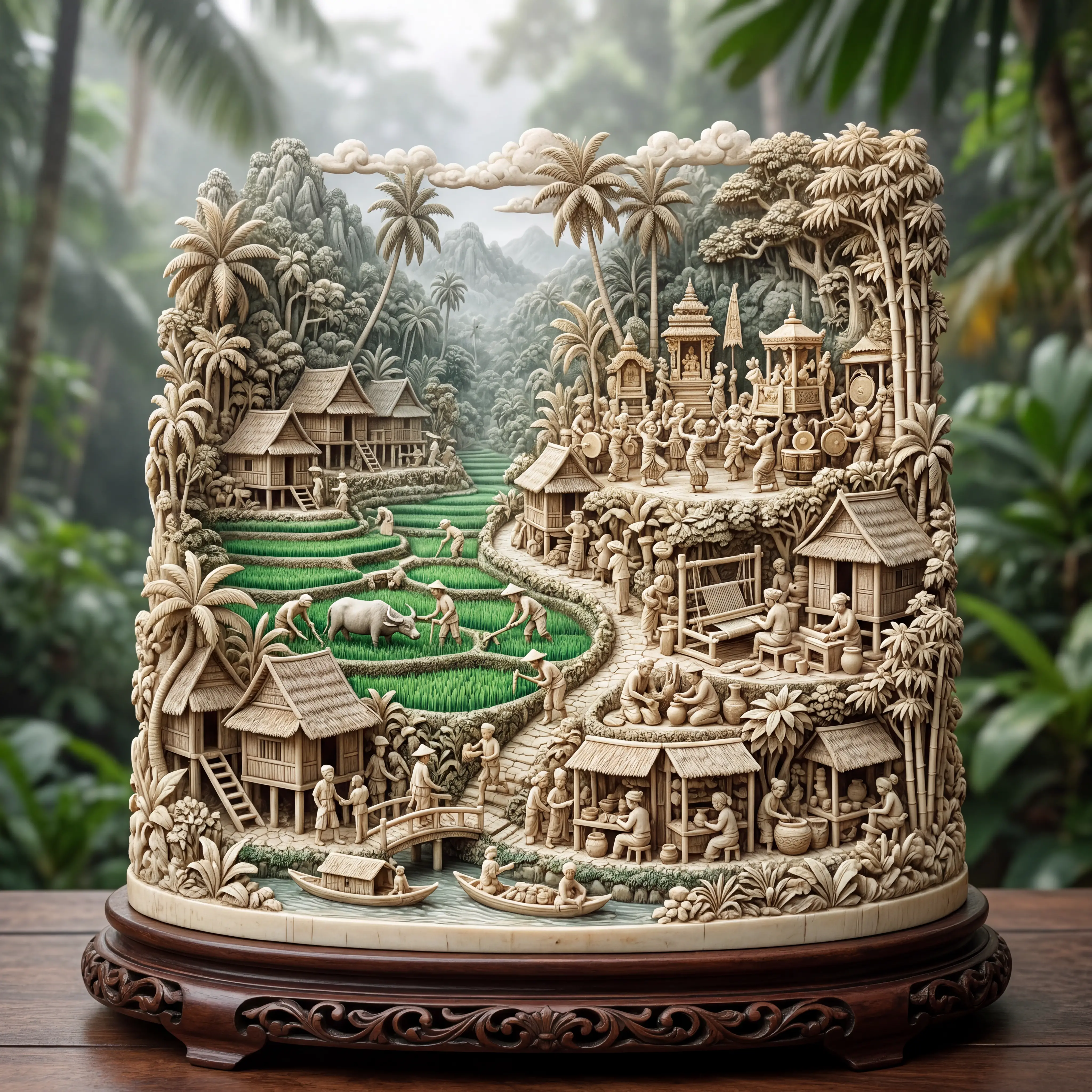 An intricate, ivory-colored figurative sculpture depicting a vivid panorama of idyllic Southeast Asian village life nestled within a lush, misty jungle.