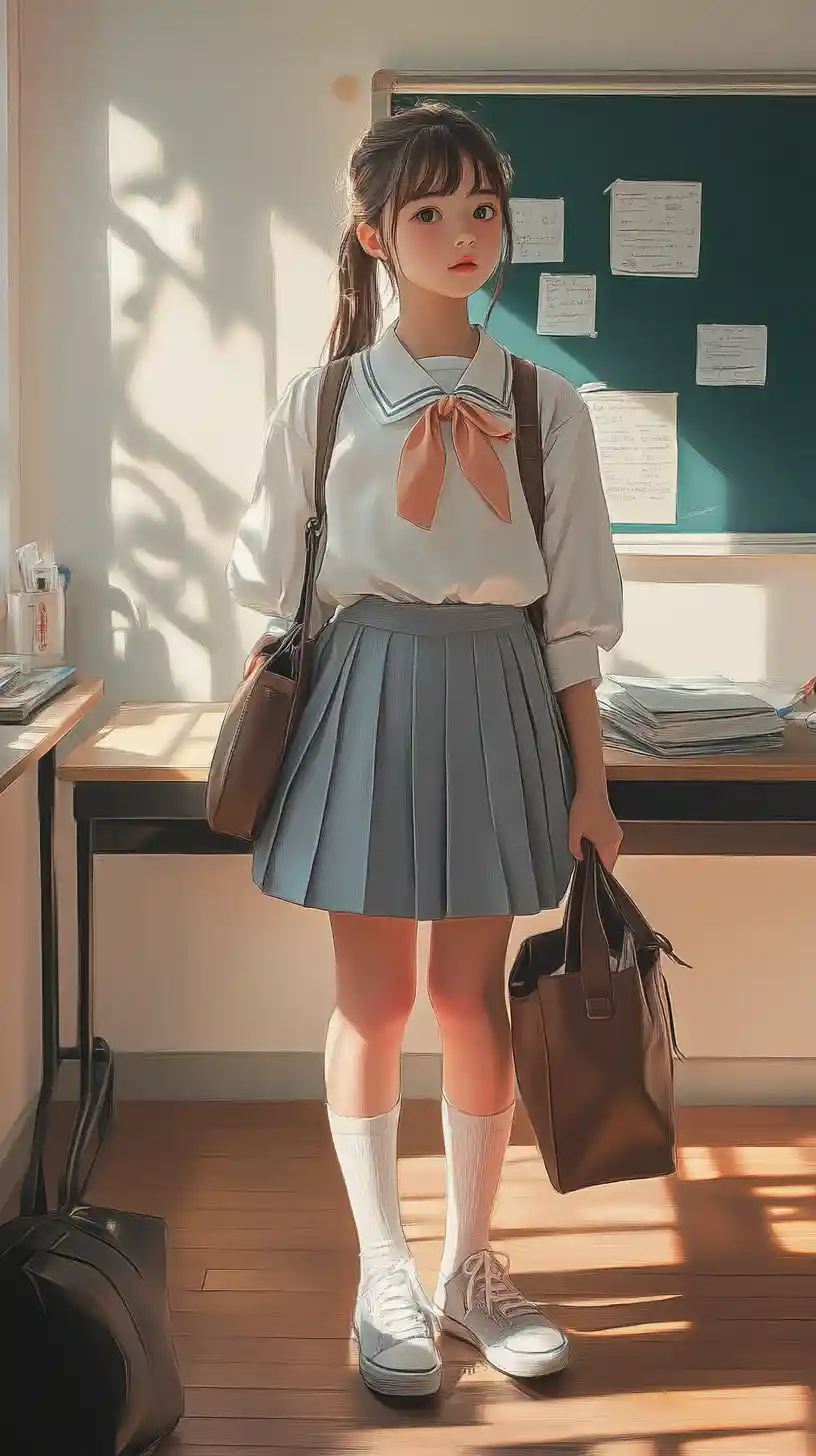 Anime schoolgirl standing quietly in a sunlit classroom