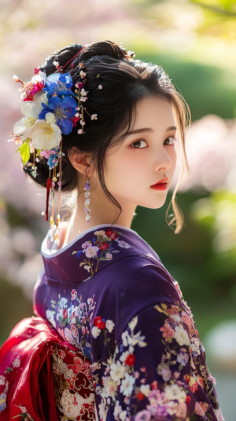 봄 벚꽃 아래 보라색 기모노를 입은 중국 소녀