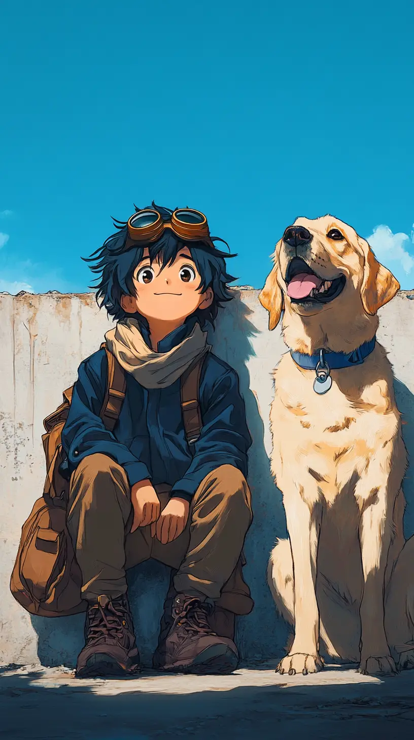 Boy And Labrador Resting By A Wall Under Blue Sky