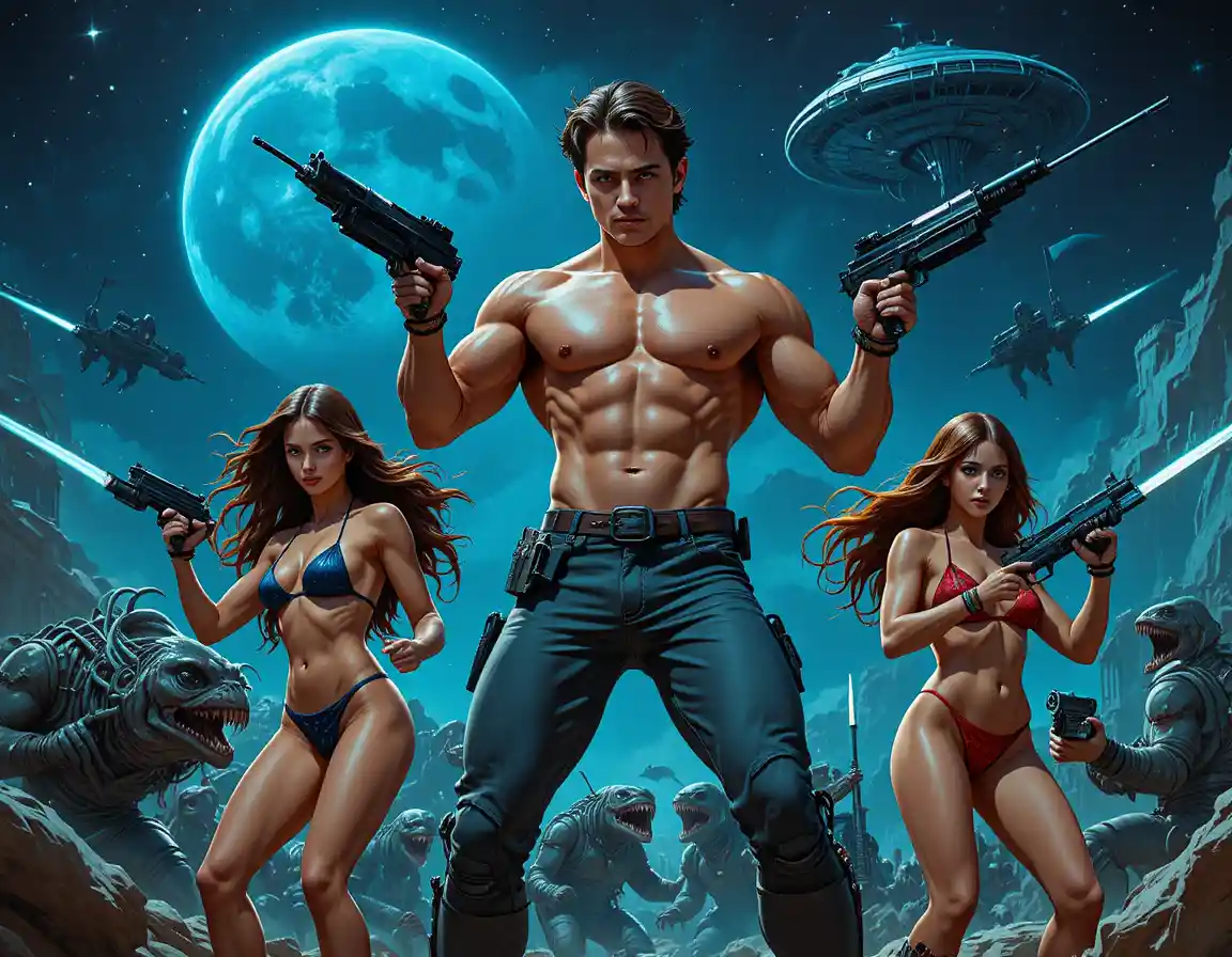 Muscular hero and armed women facing alien monsters
