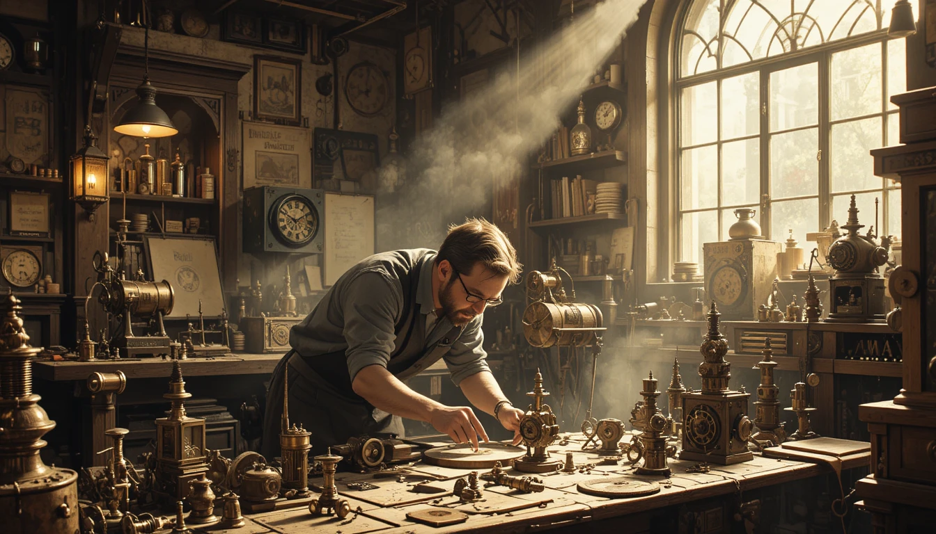 Steampunk clockmaker at workbench in warm lamplit workshop