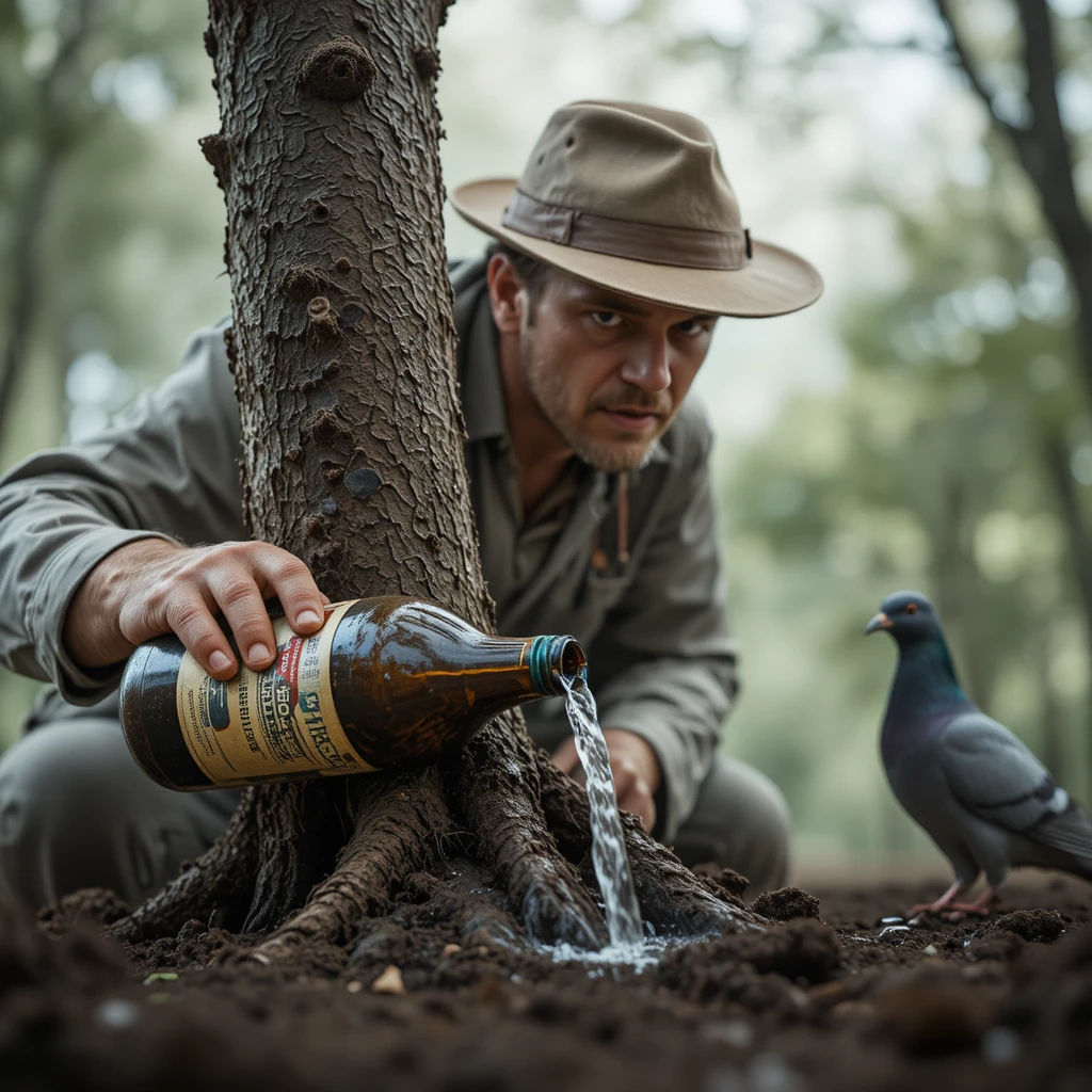 Angry farmer pouring stop growth liquid at tree roots