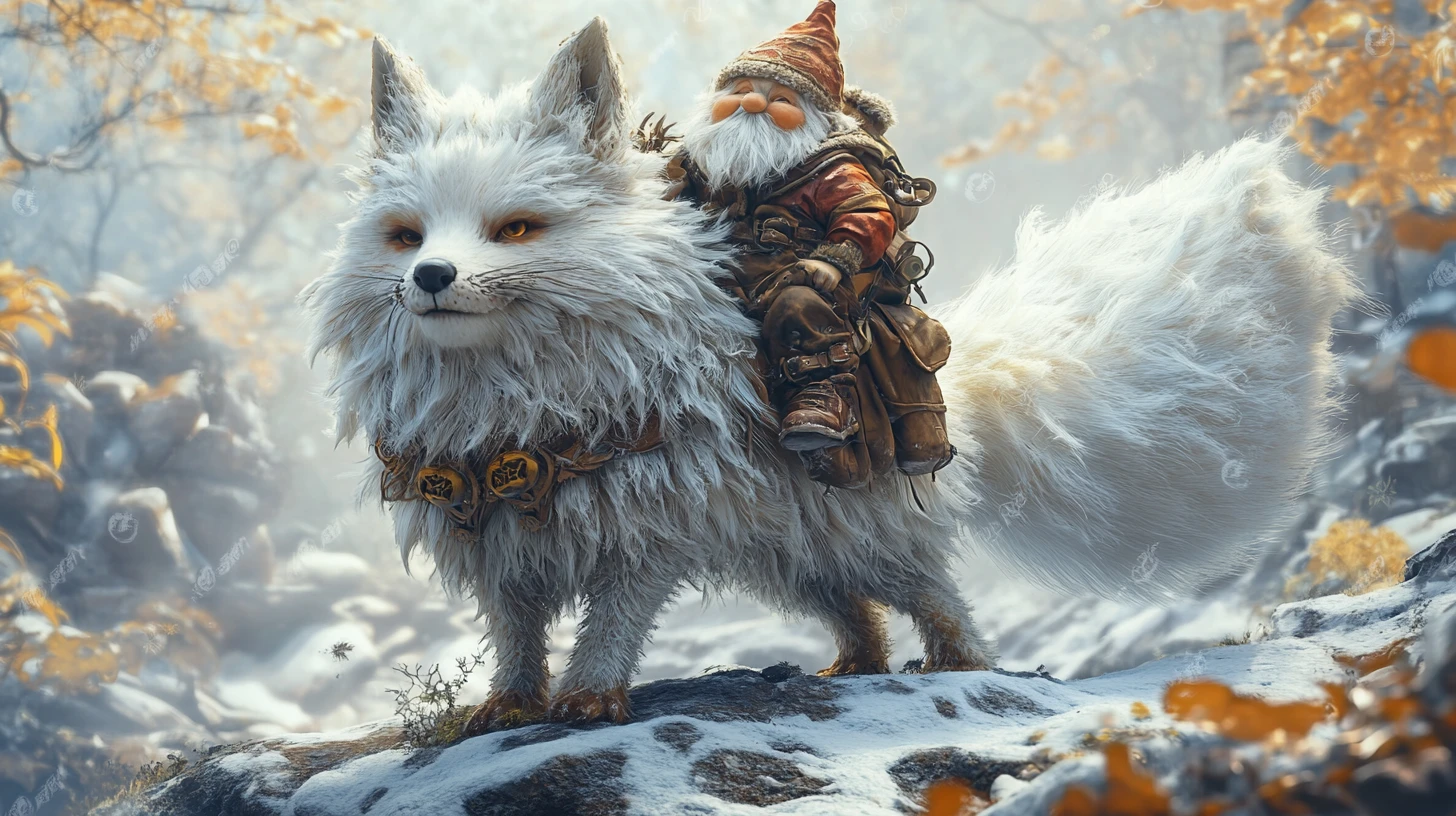 Tiny gnome riding a giant white fox through snowy forest