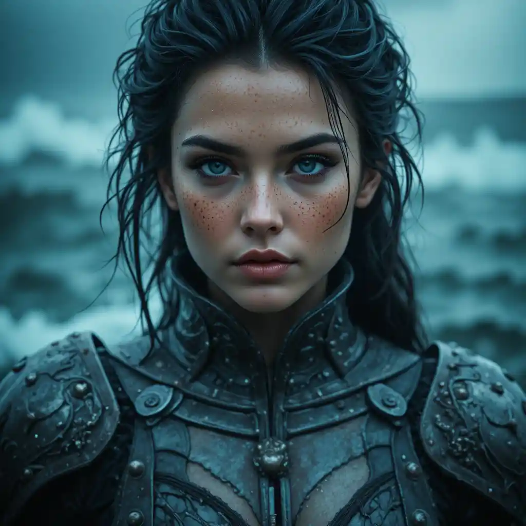 Fantasy warrior woman before a stormy teal seascape
