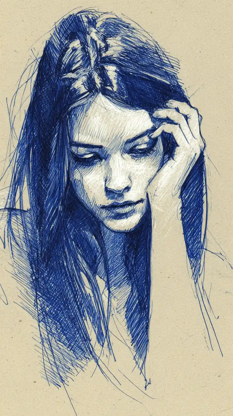Melancholic girl portrait in blue ink and graphite drawing