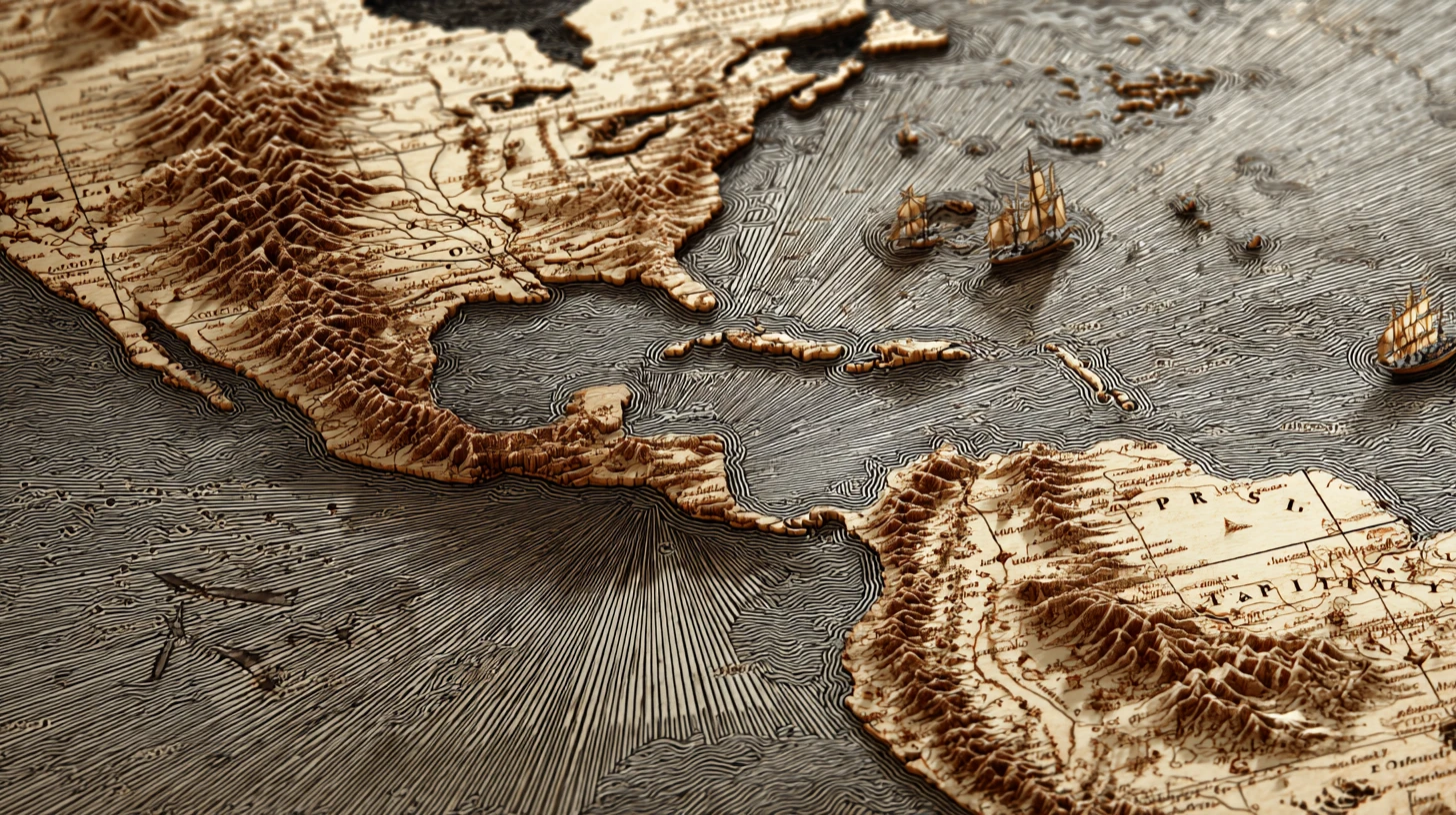 Ancient 3D fantasy map of the Pacific Ocean