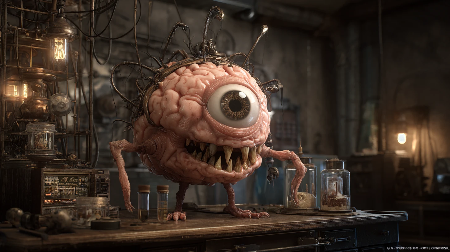 Monstruo grotesco de cerebro andante en un laboratorio tenebroso