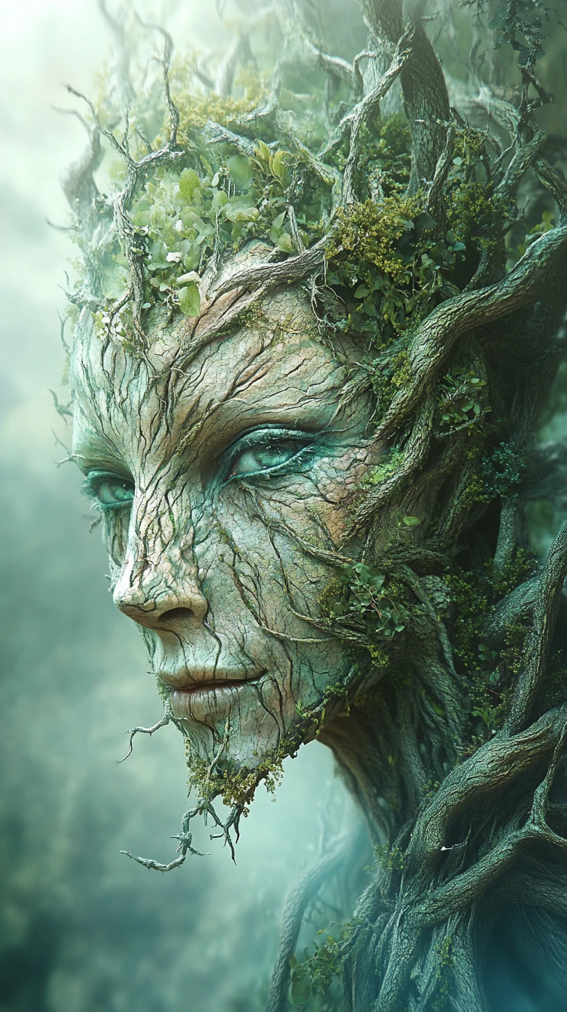 Criatura mística del bosque con rostro vegetal y piel de corteza