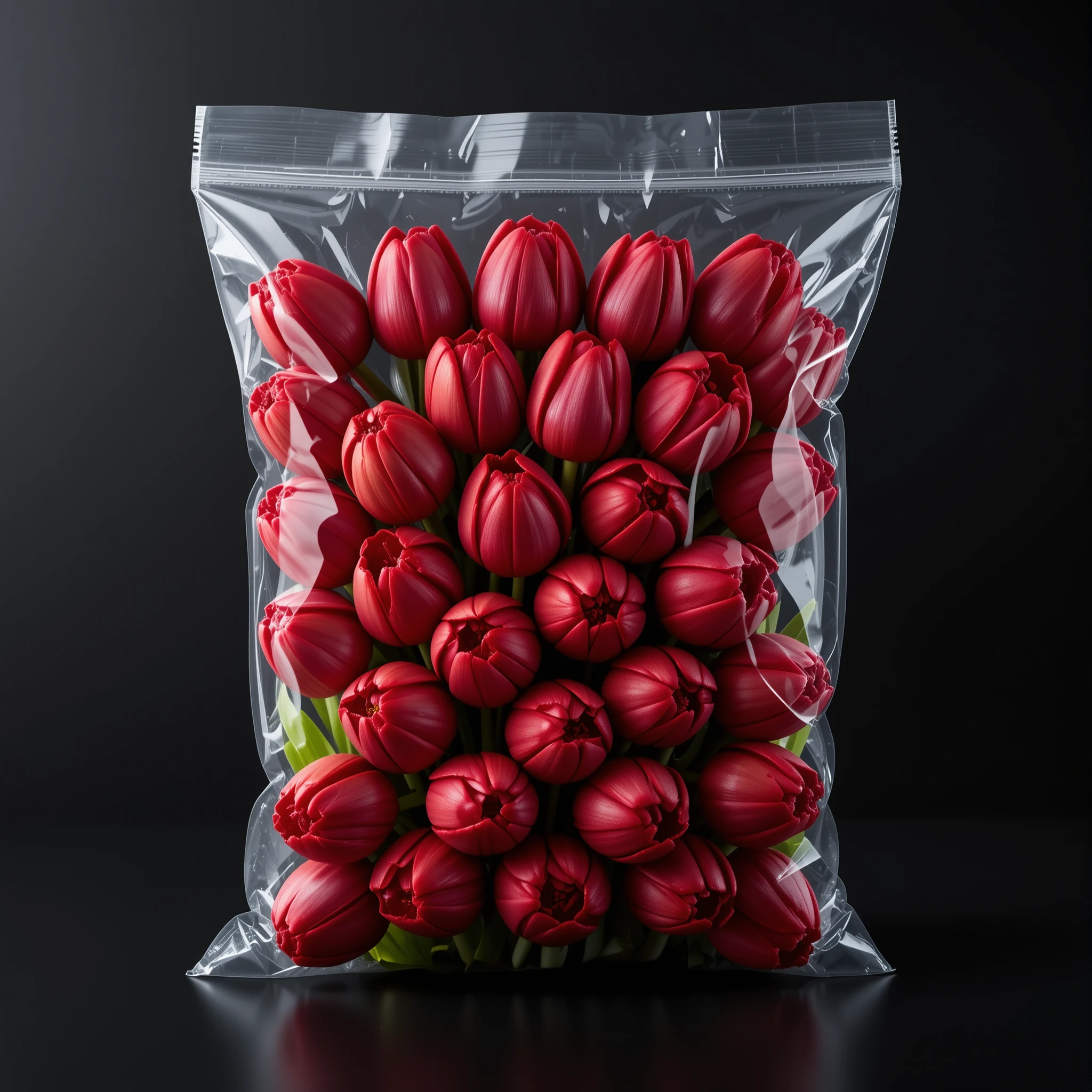 Tulipes rouges sous vide dans du plastique sur fond noir