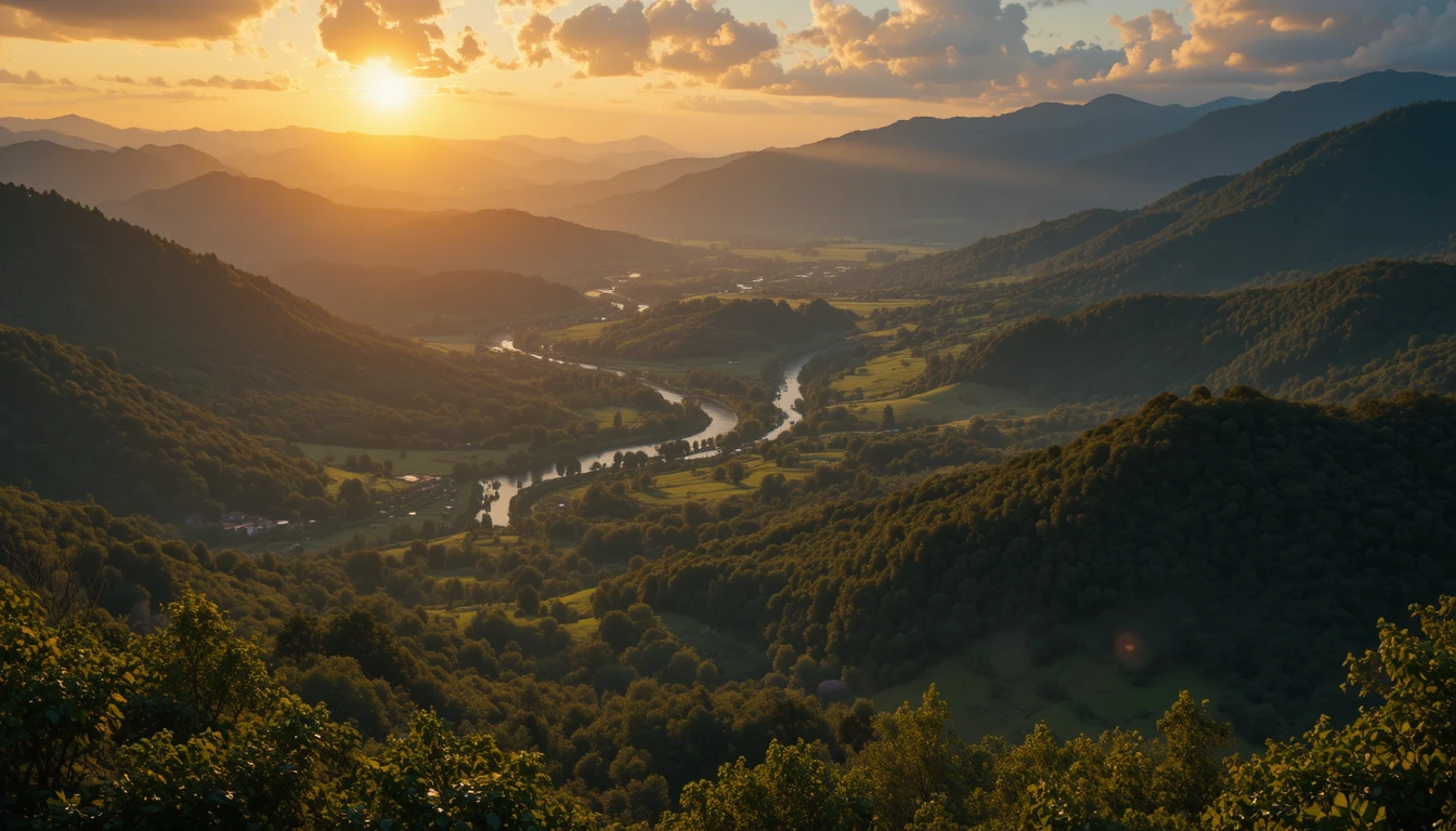 Golden sunrise over a lush valley of rivers and hills
