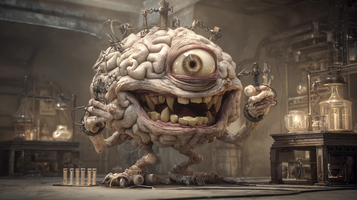 Monstruo Cerebro Andante y Grotesco en un Laboratorio Oscuro