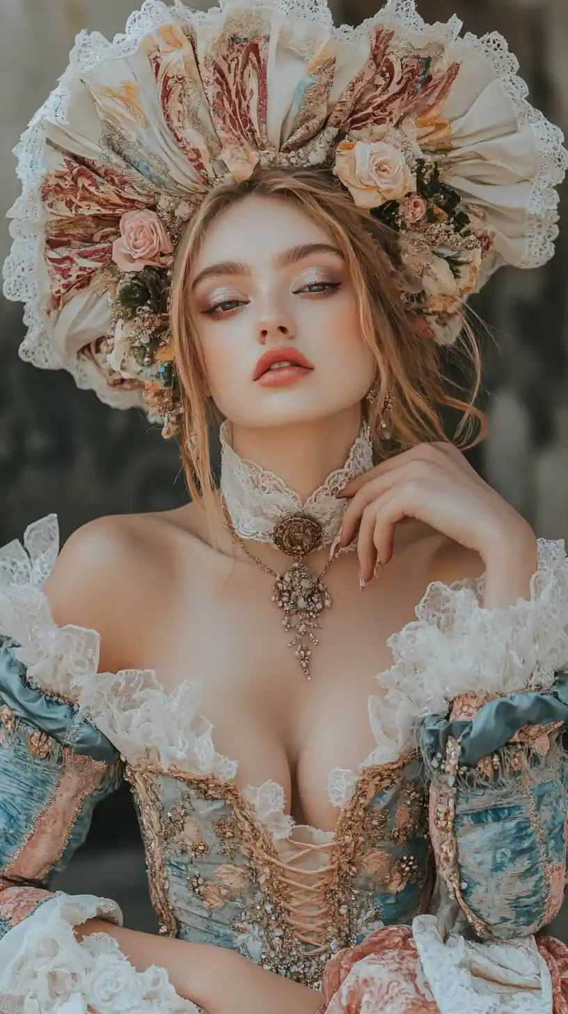 Elegant woman in rococo inspired fashion with urban flair
