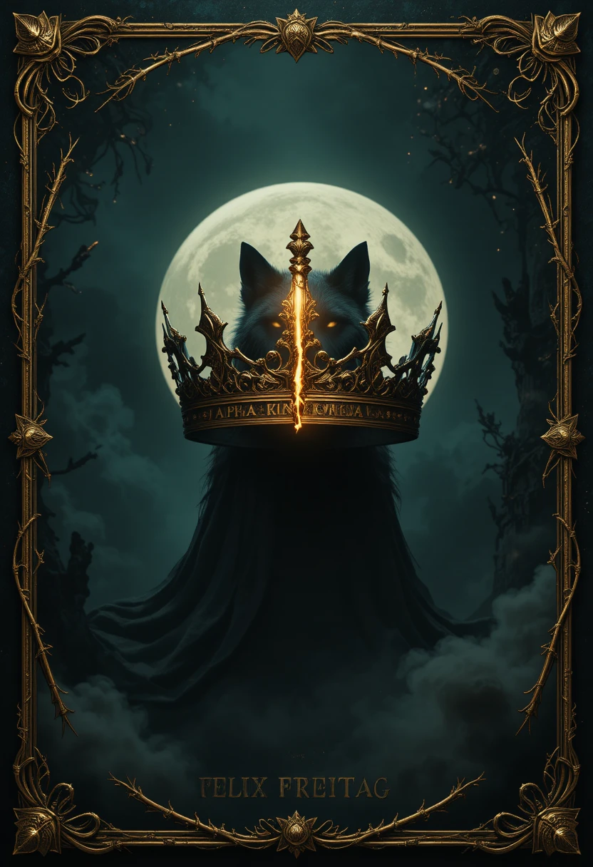 Rissige goldene Krone und Schattenwolf auf dunkelgrünem Cover