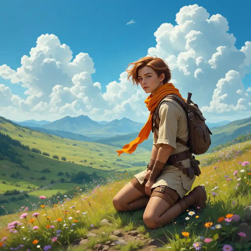 Young fantasy adventurer kneeling on a sunlit grassy hill