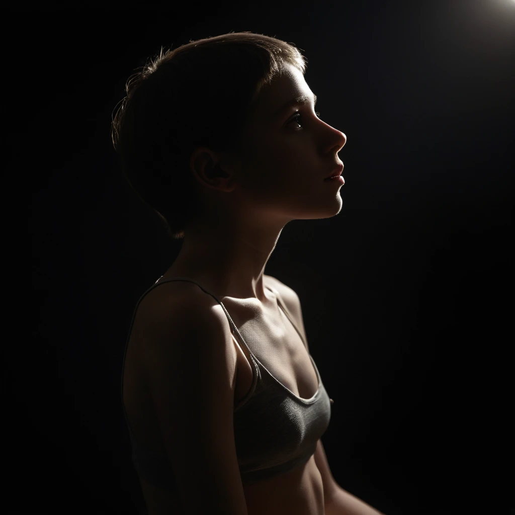 Kneeling girl in dim candlelight against black space