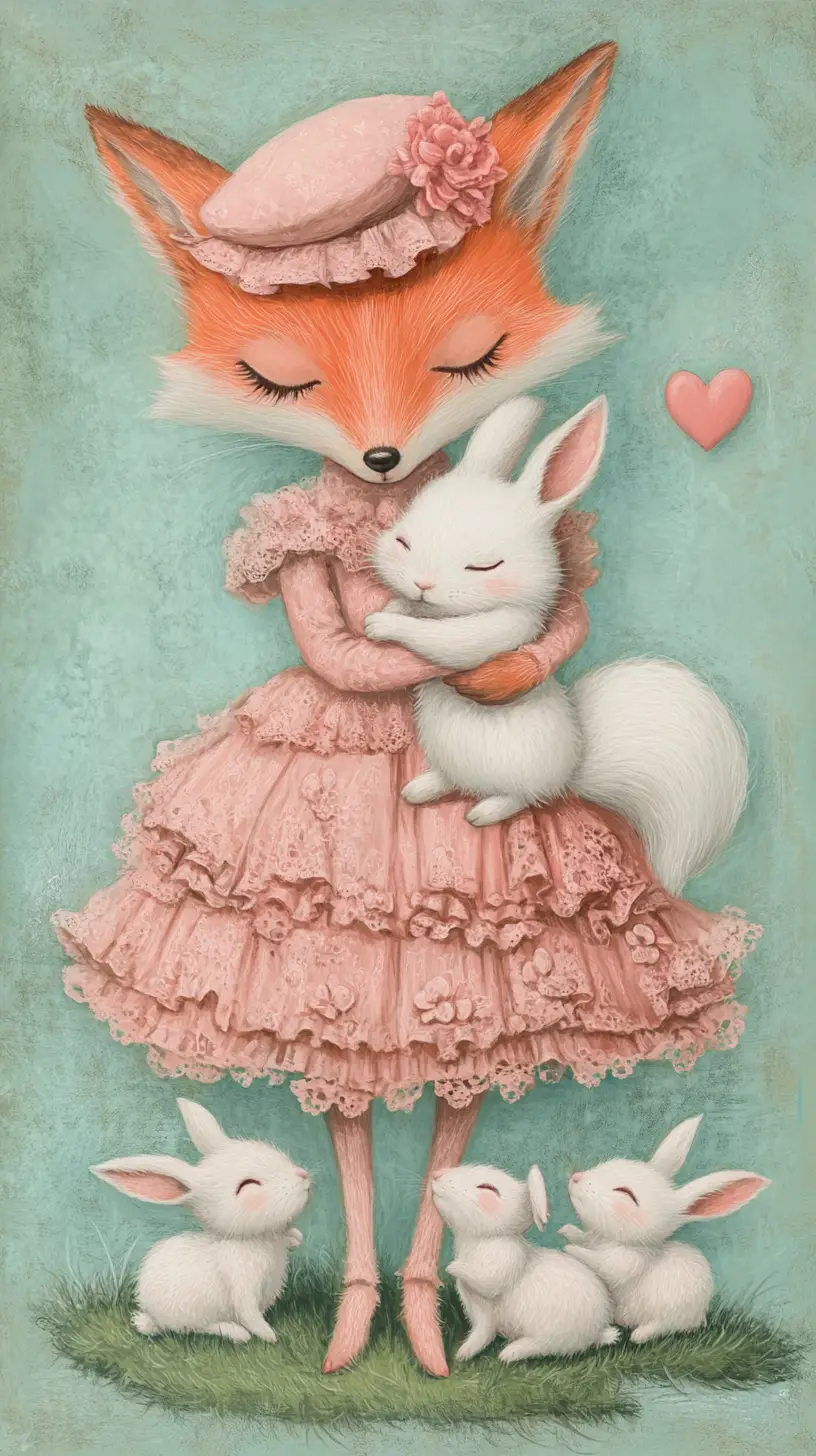 Anthropomorphic fox in pink dress cuddling white rabbit
