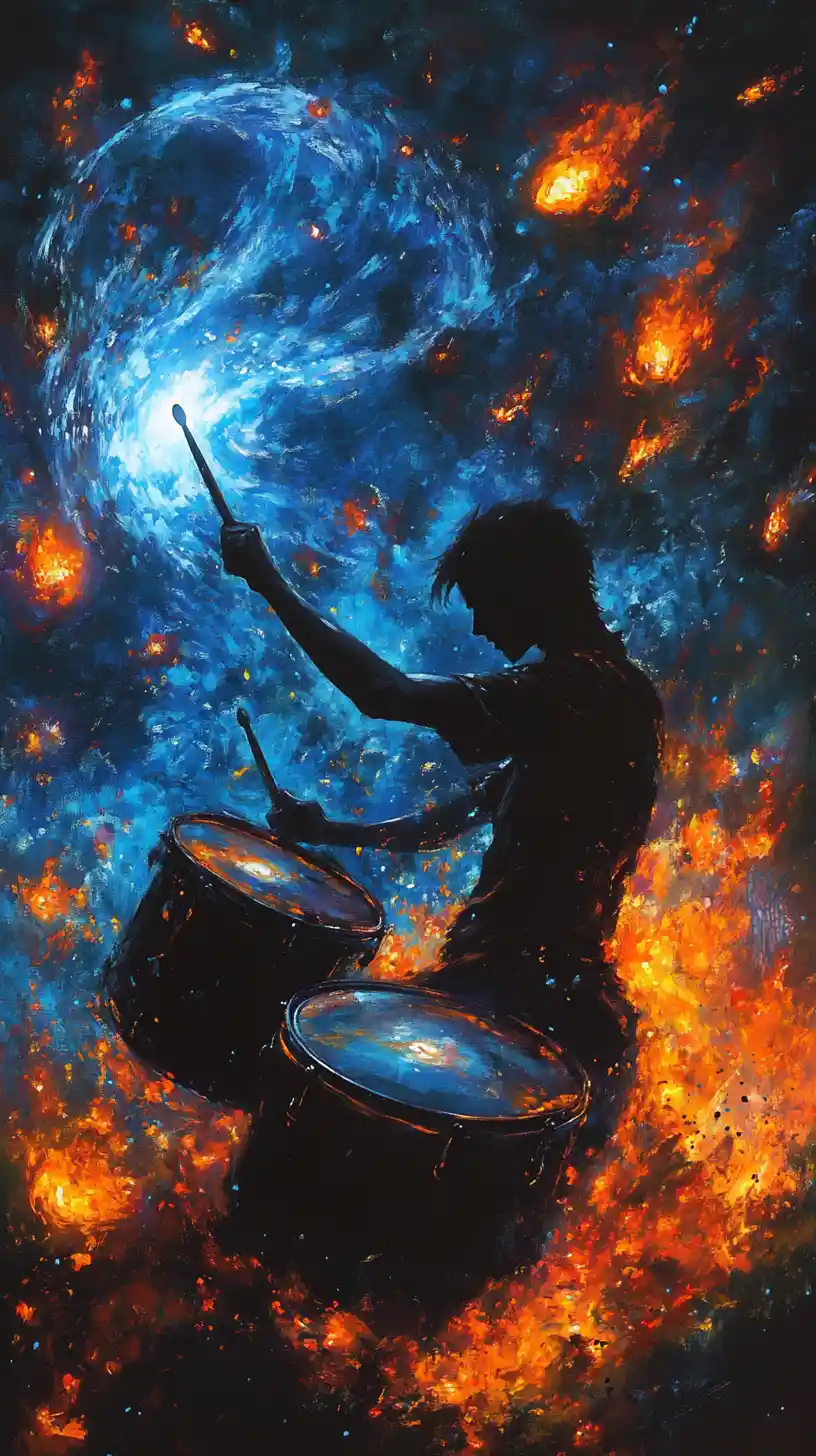 Batterista d'ombra che colpisce tamburi elementali luminosi nell'oscurità