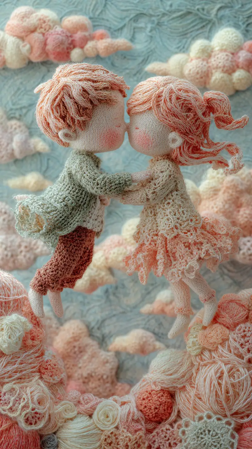 Crocheted boy and girl sharing a delicate romantic kiss