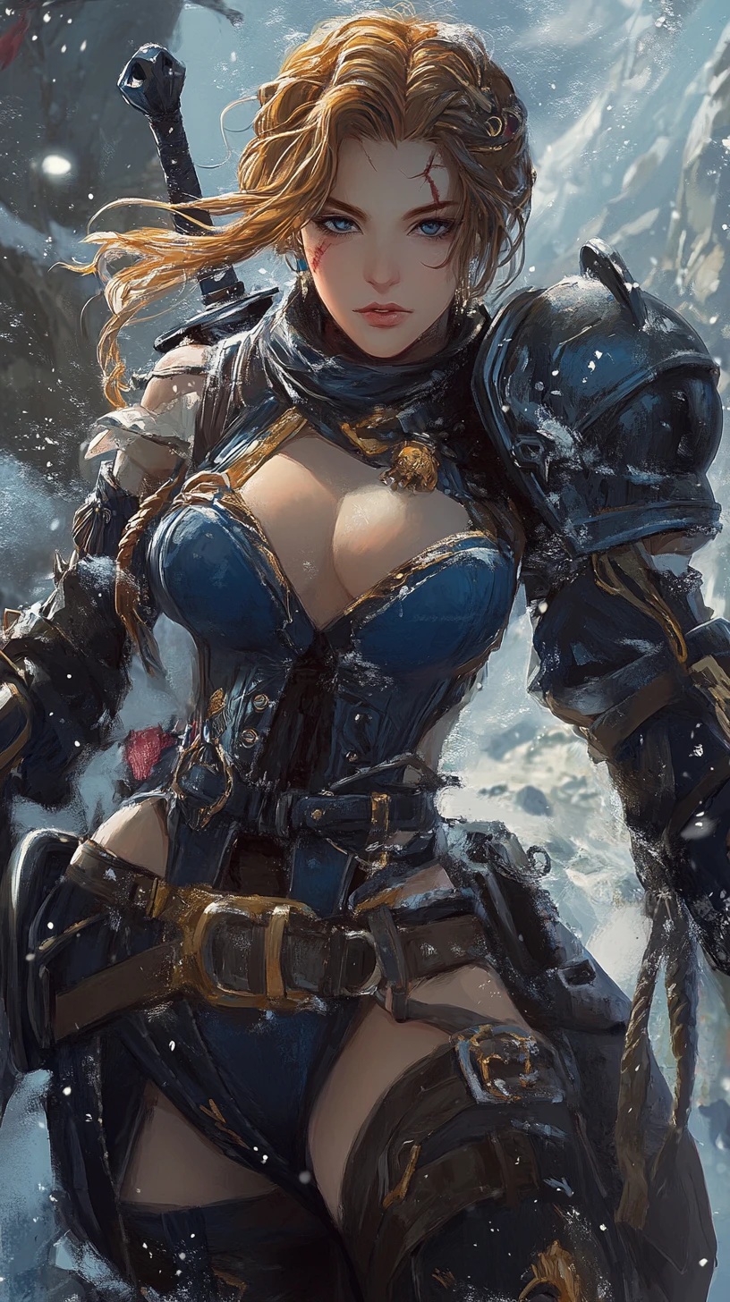 Guerriera anime sfregiata in armatura blu futuristica