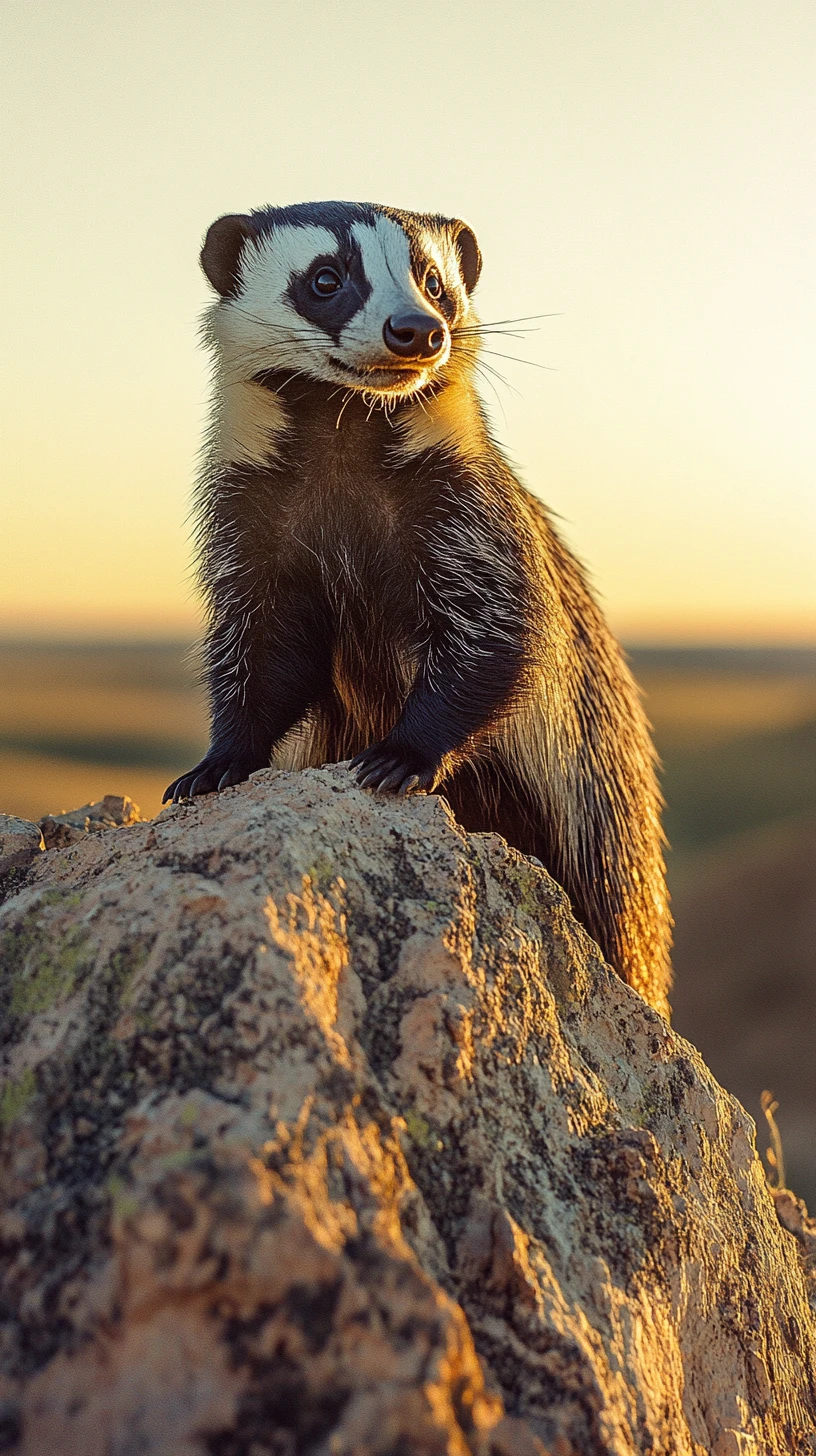 Honey badger on rocky outcrop at golden savannah sunset
