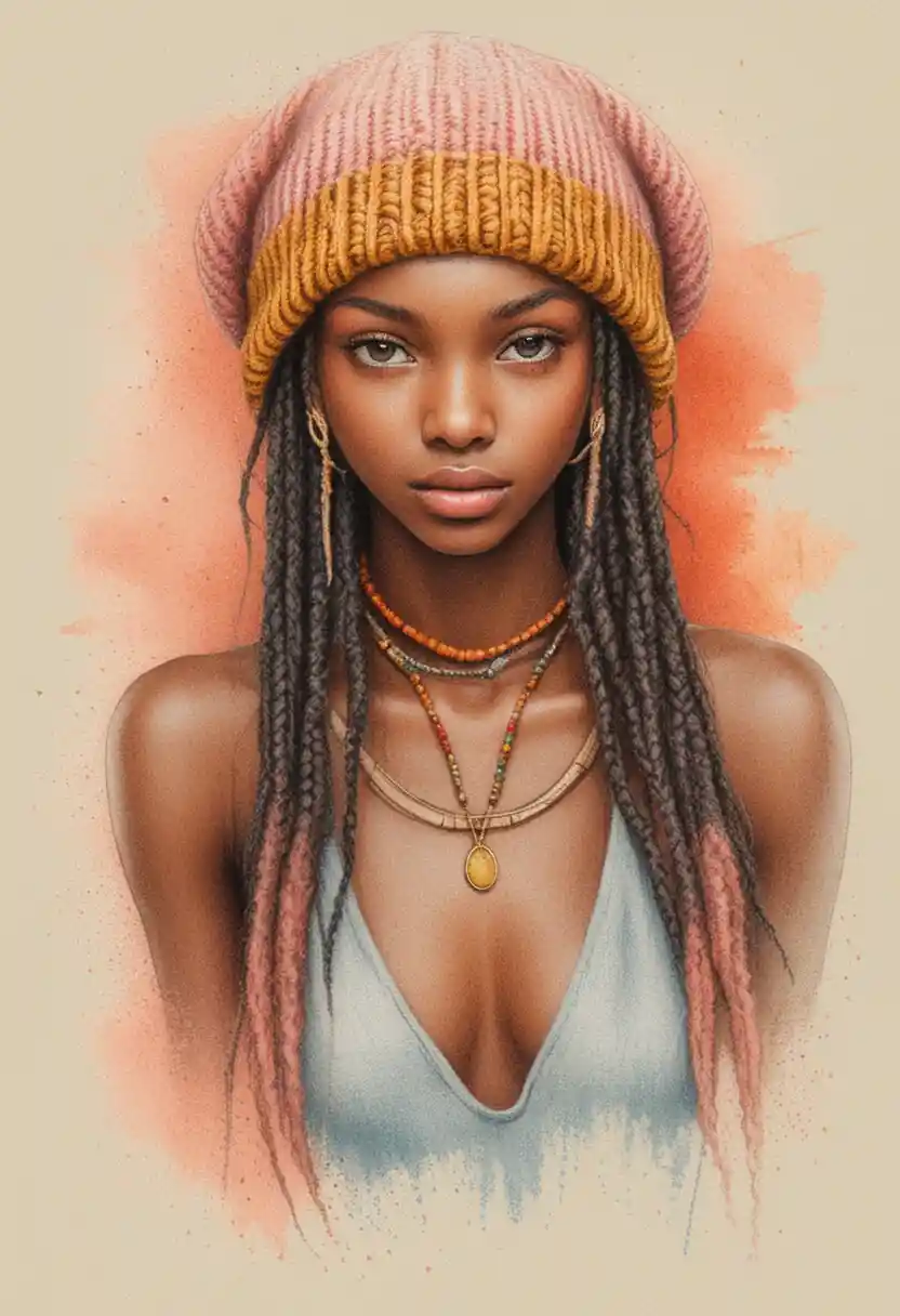 Portrait serein d’une femme noire avec bonnet rasta – illustration