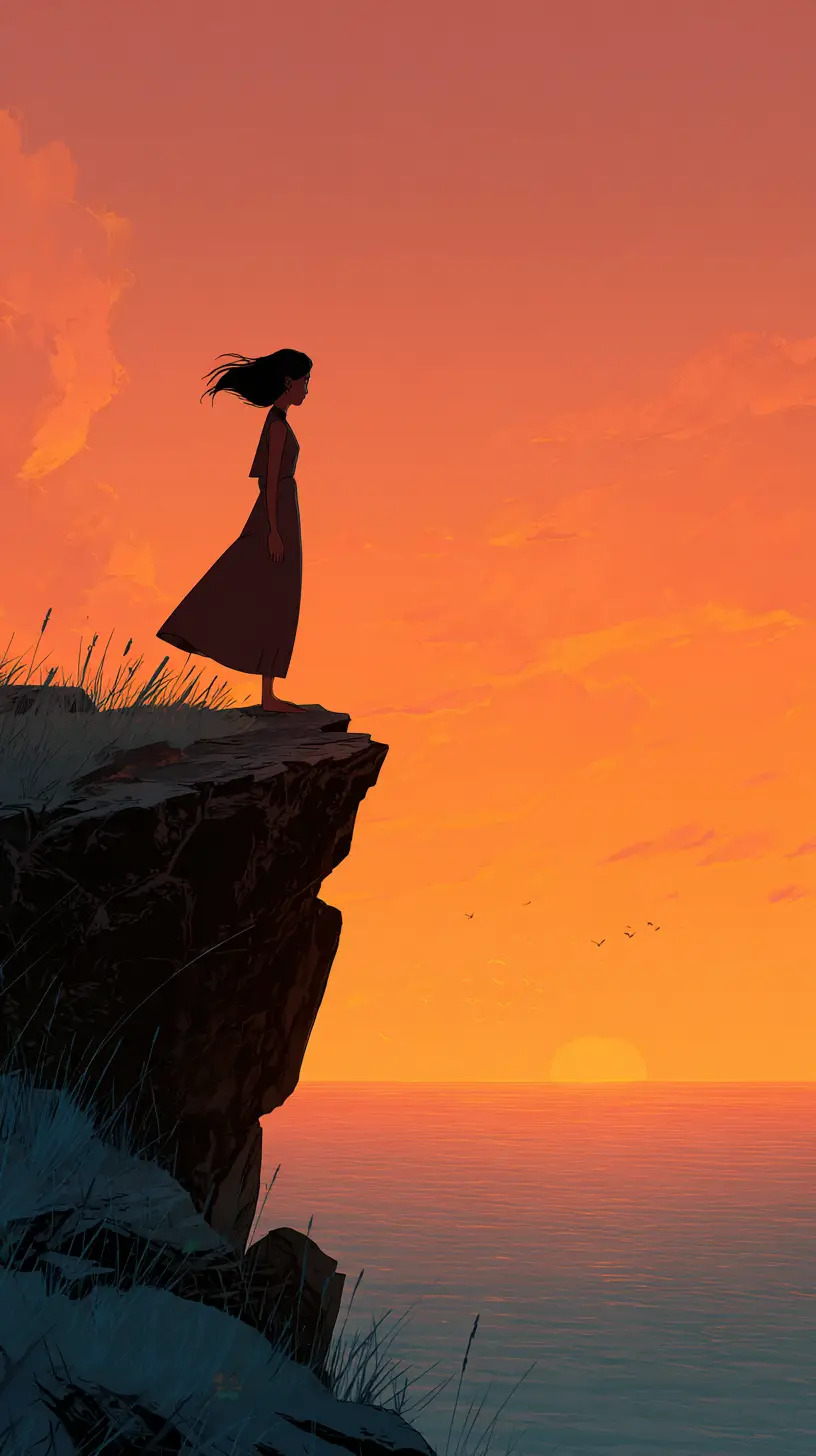 Woman on sea cliff at sunset in minimalist illustration