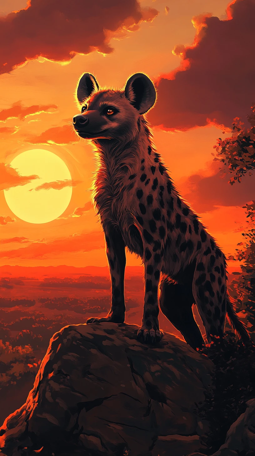 Gefleckte Hyäne auf Felsvorsprung in warmer Savanne bei Sonnenuntergang