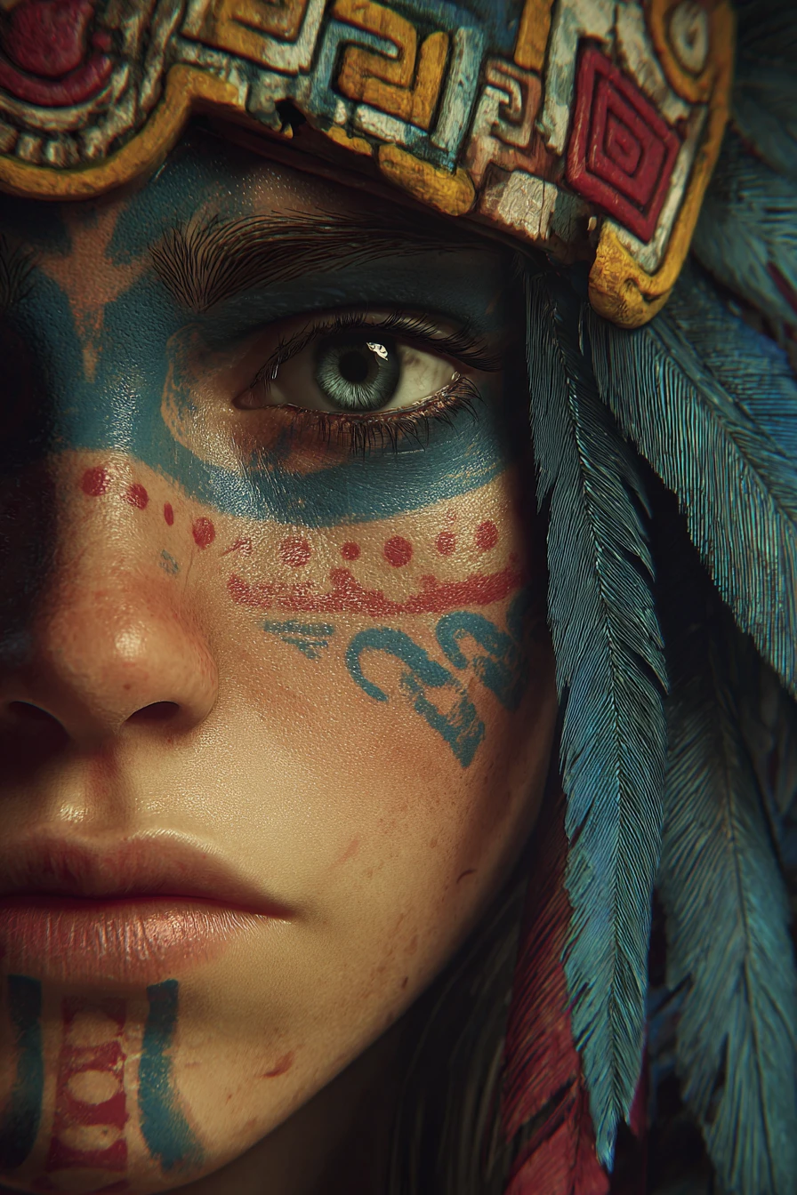 Déesse aztèque mystique en gros plan dans un style fantasy vibrant
