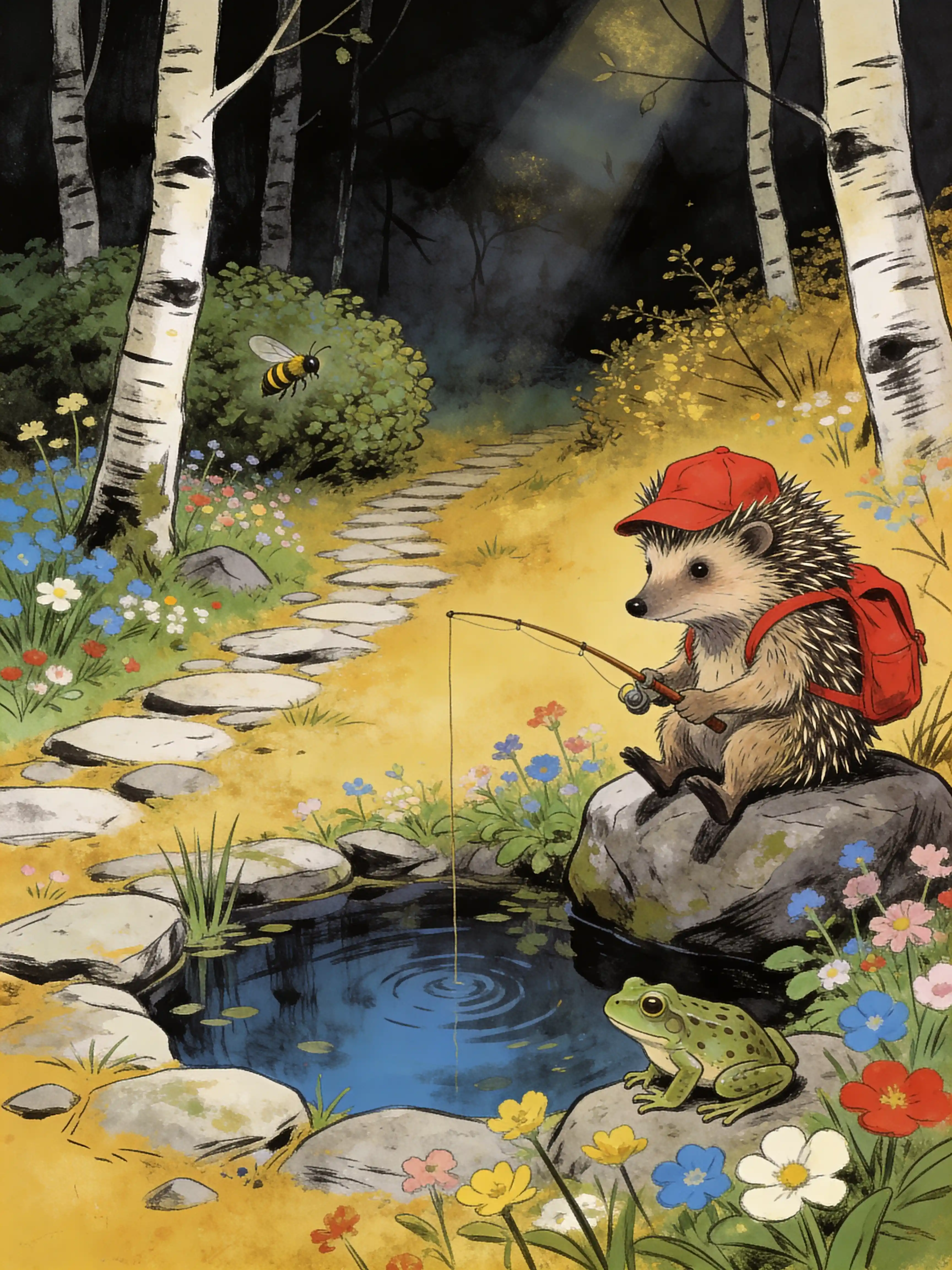 Lonely hedgehog fishing by a tiny forest lake