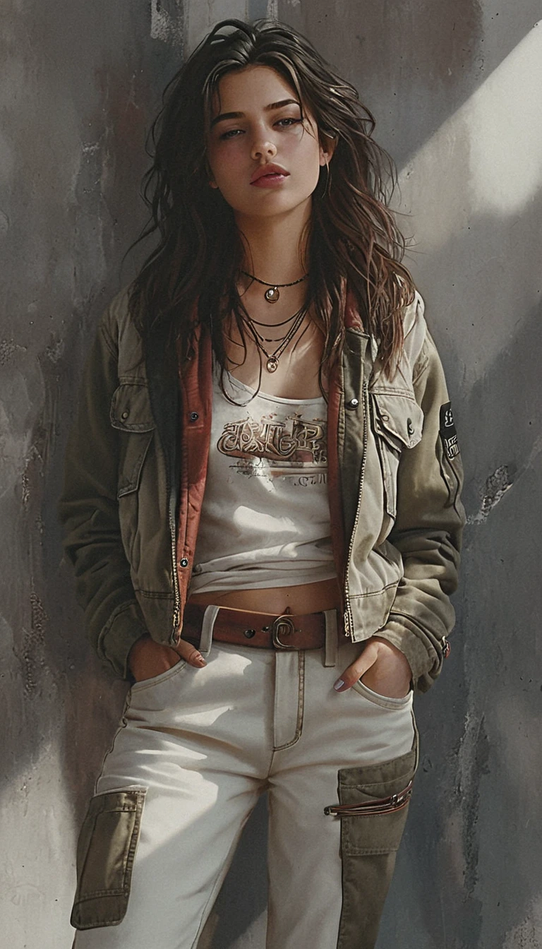 Confident young woman in streetwear against concrete wall