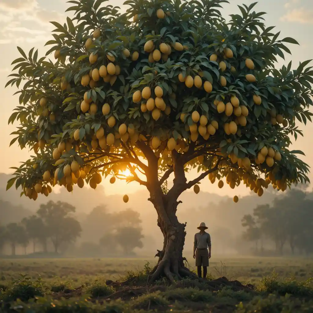 Shocked farmer under mango tree at quiet countryside sunset