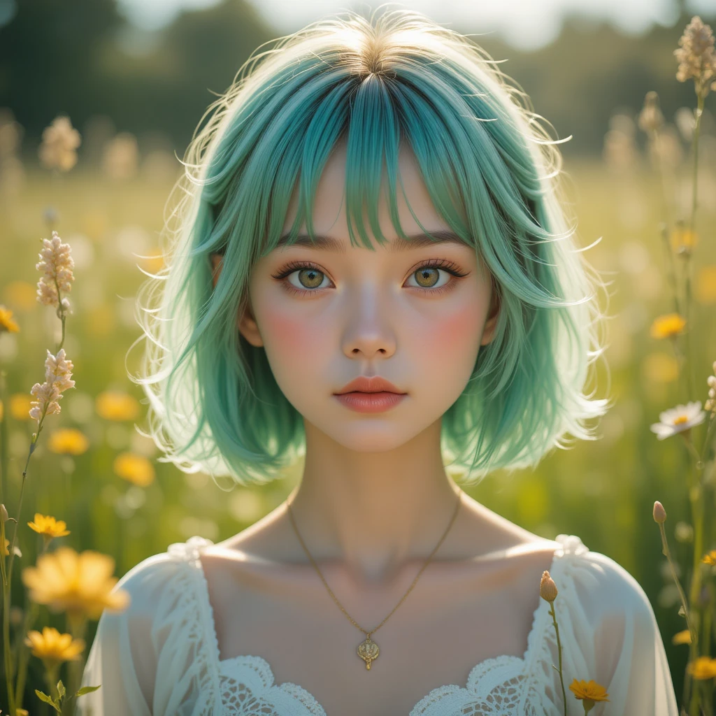 Mint haired anime girl in a sunlit meadow portrait