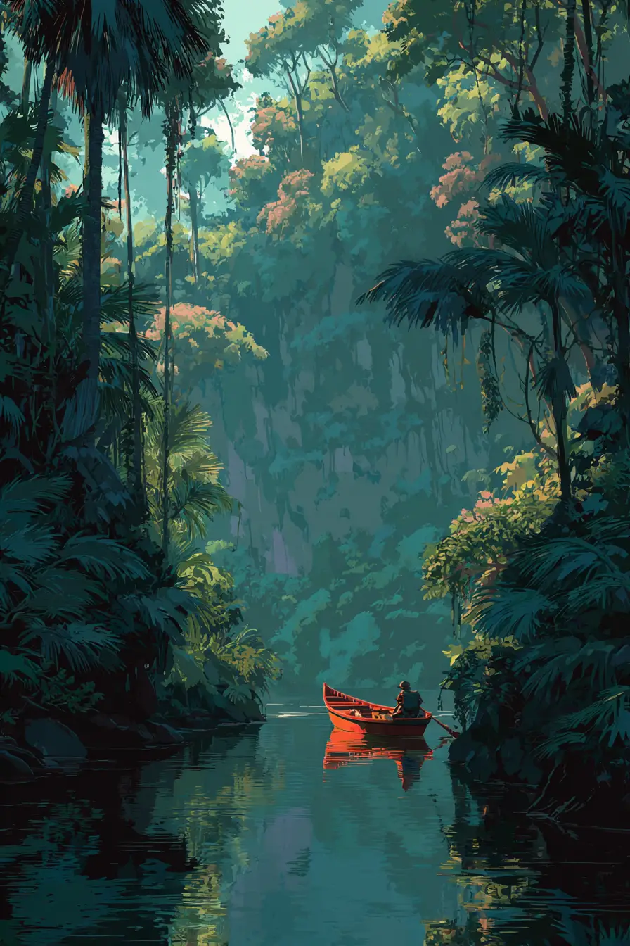 Boat journey on a mysterious jungle river illustration