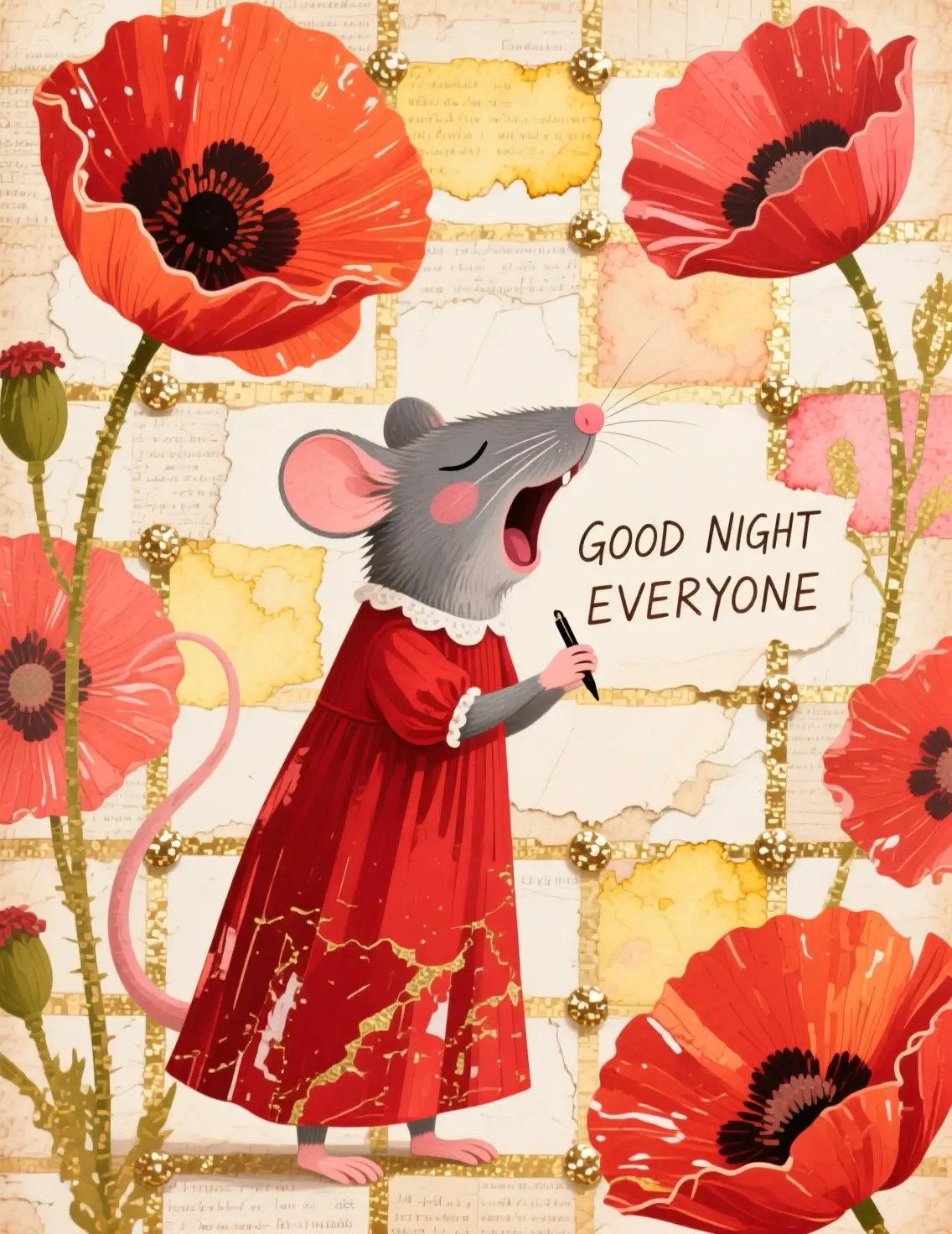 Sleepy rat in red nightgown mixed media collage