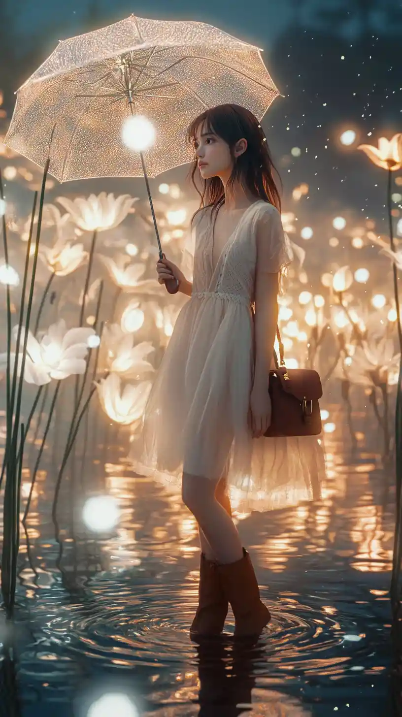 Young girl with umbrella standing in glowing puddle