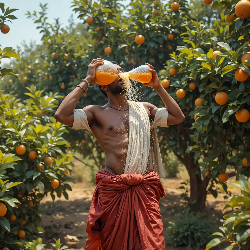 Indian farmer drinking orange juice in a sunny village farm