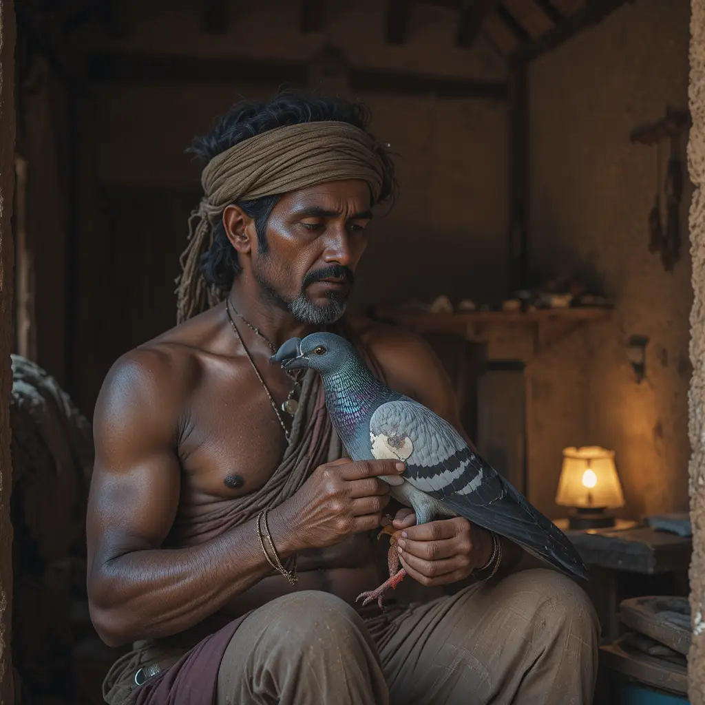 Farmer Bandaging An Injured Pigeon In Mud House Interior