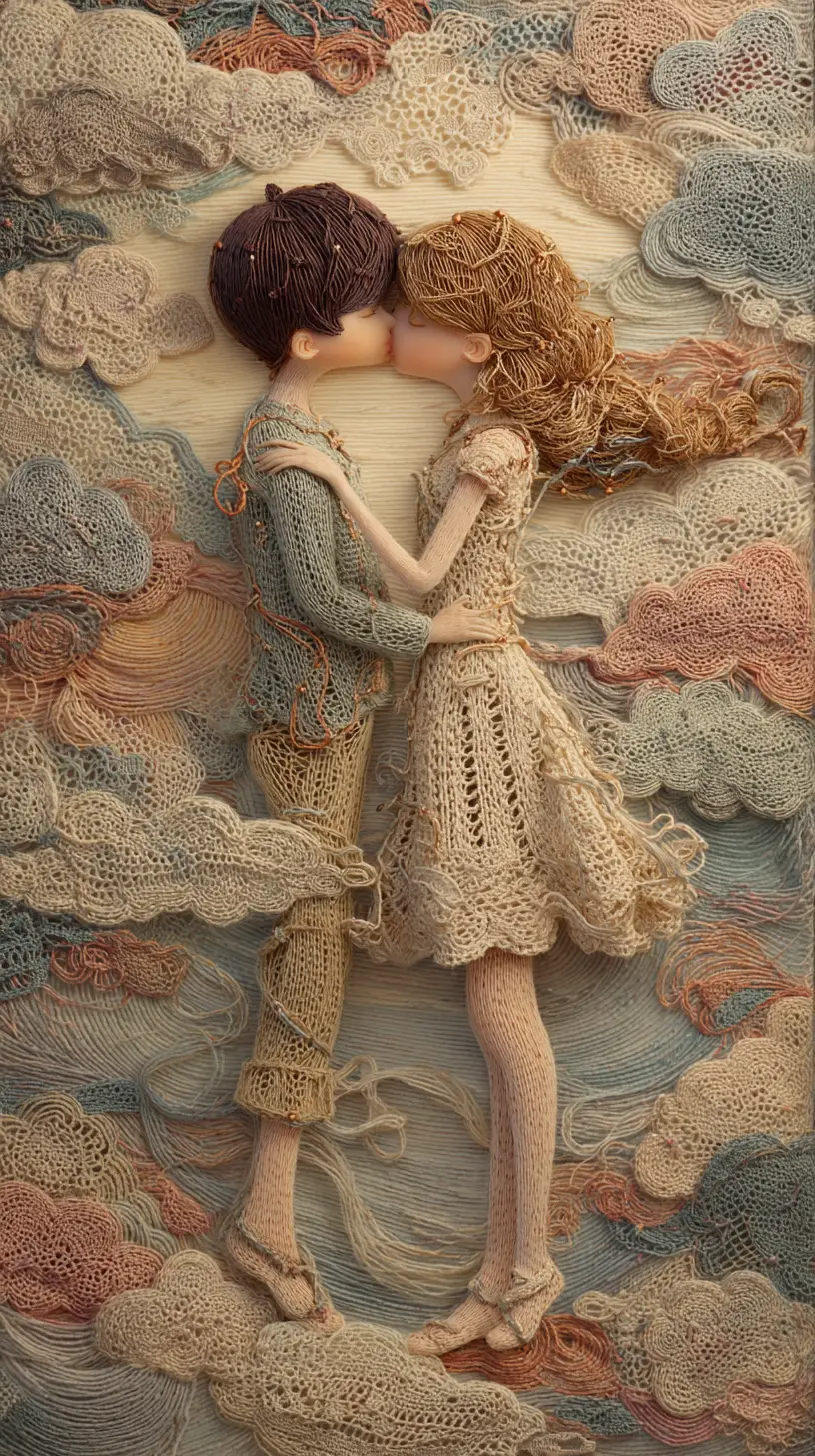 Crocheted boy and girl sharing a tender romantic kiss