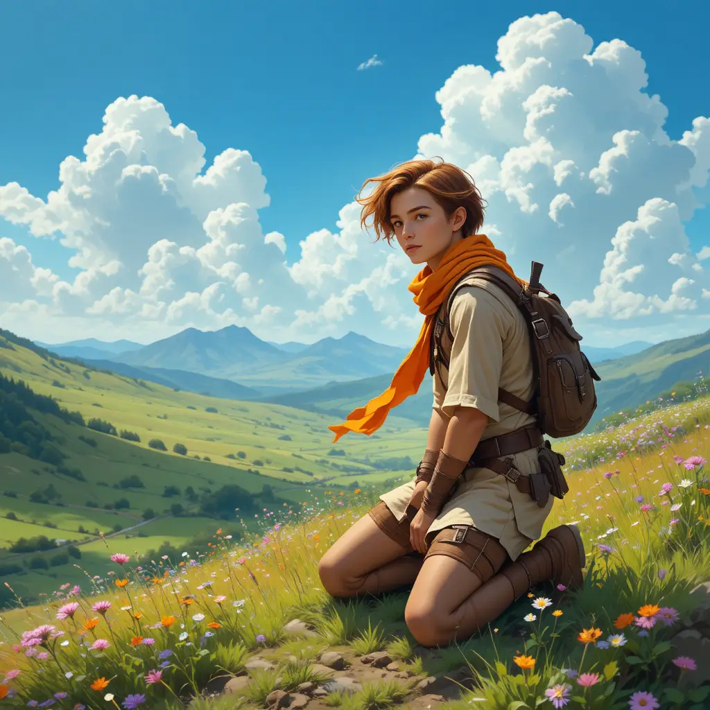 Junger Fantasy-Abenteurer kniet auf einem sonnenbeschienenen Gras­hügel