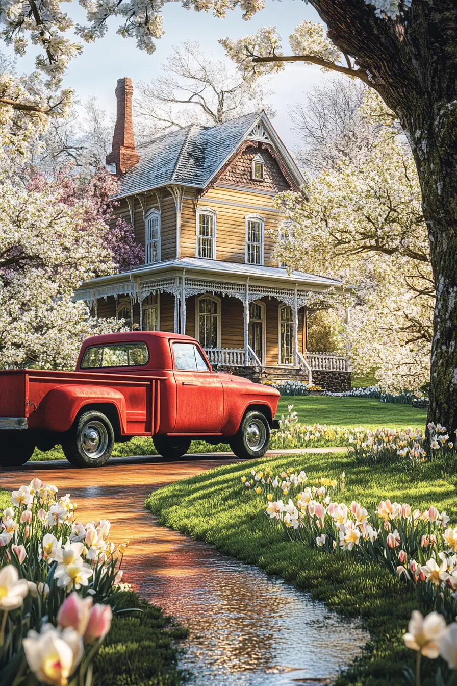 Vintage red pickup truck by a spring farmhouse