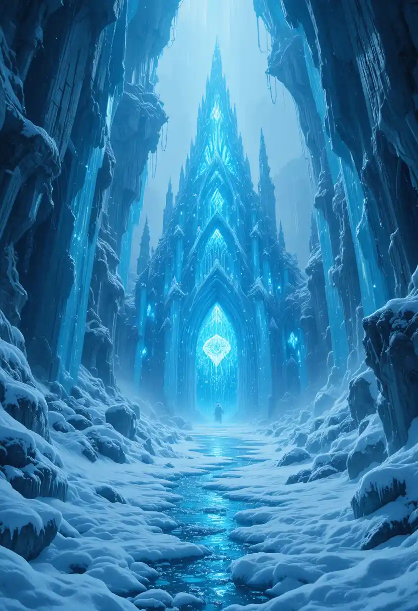 Reino de gelo de cristal brilhando com energia mágica azul