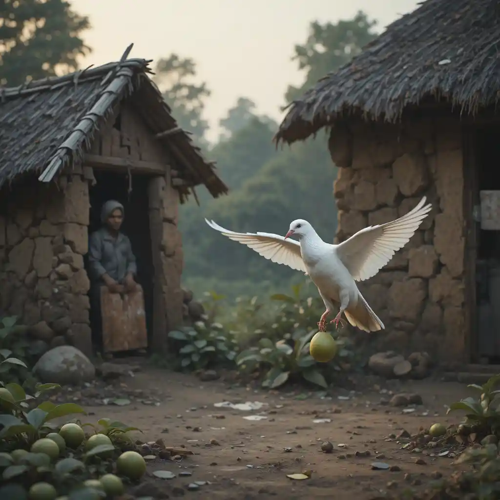 Paysan observant un pigeon voler une goyave près d’une hutte en terre au crépuscule